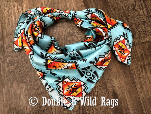 100% Silk Bandana Light Blue with Orange Serape