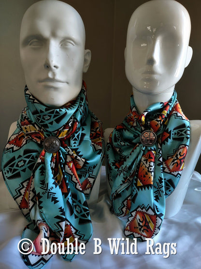 100% Silk Bandana Light Blue with Orange Serape