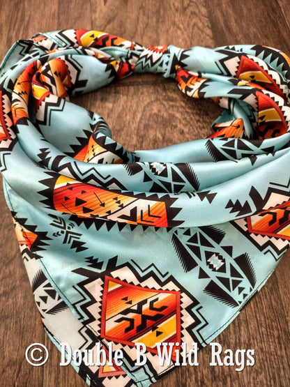 100% Silk Bandana Light Blue with Orange Serape