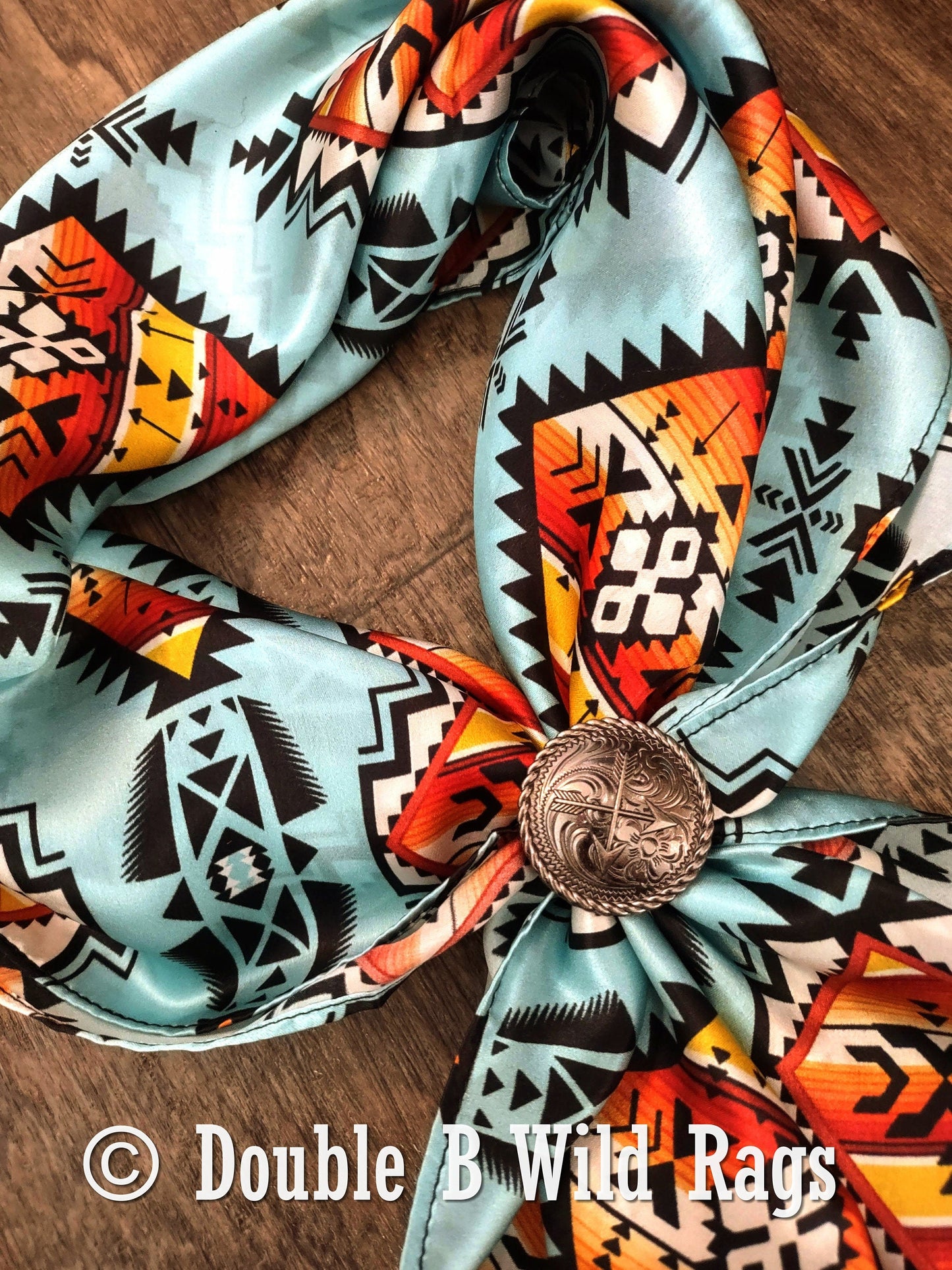 100% Silk Bandana Light Blue with Orange Serape