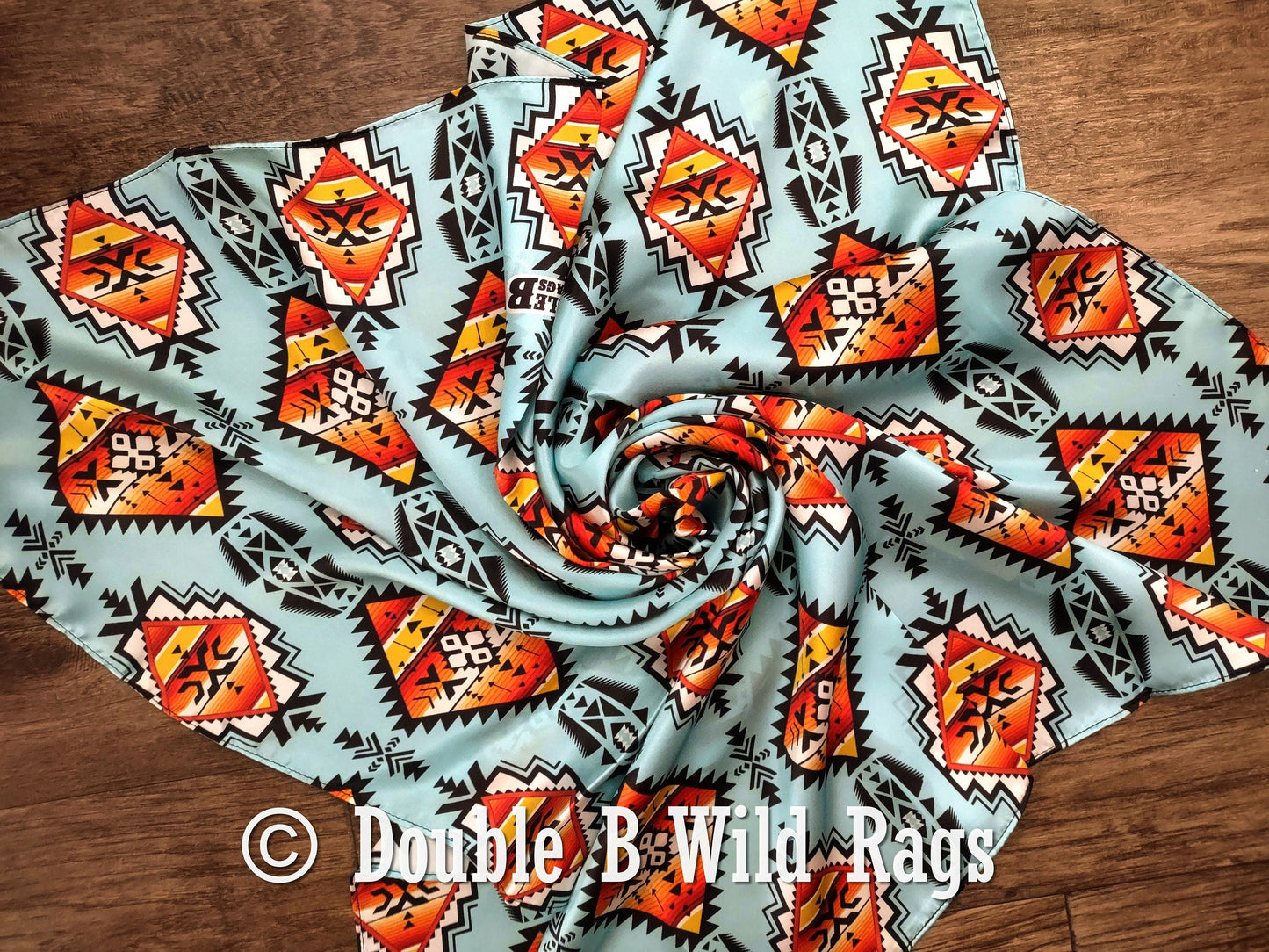 100% Silk Bandana Light Blue with Orange Serape