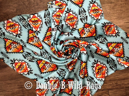 100% Silk Bandana Light Blue with Orange Serape