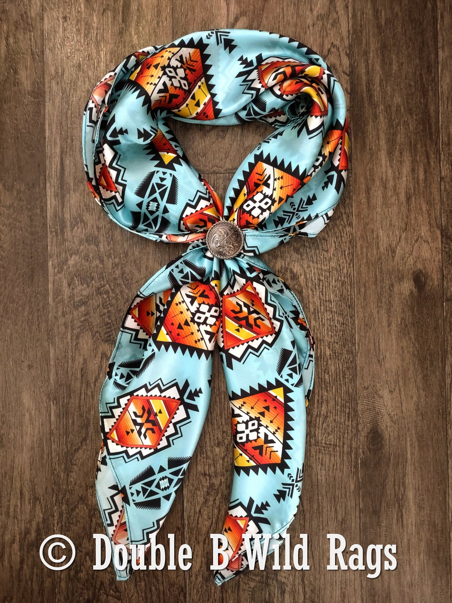 100% Silk Bandana Light Blue with Orange Serape