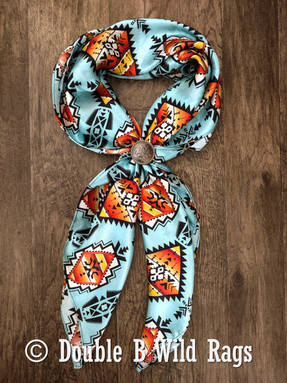 100% Silk Bandana Light Blue with Orange Serape