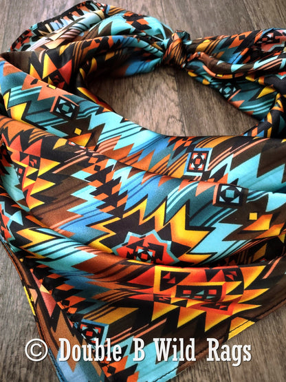 100% Silk Bandana Turquoise and Orange Sunset