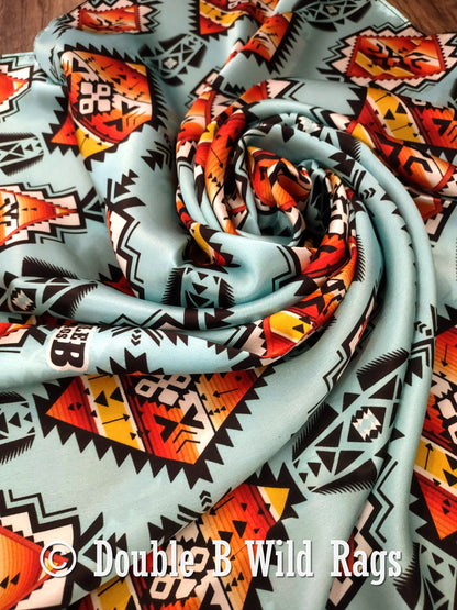 100% Silk Bandana Light Blue with Orange Serape