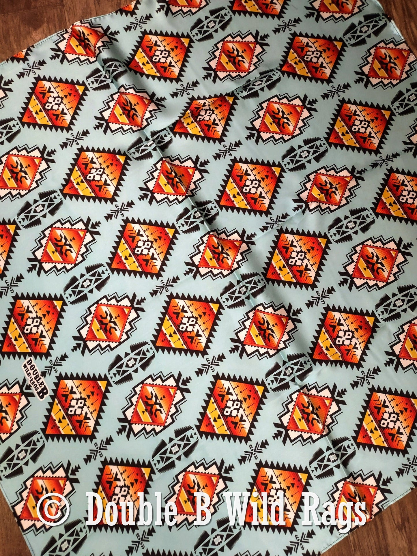 100% Silk Bandana Light Blue with Orange Serape