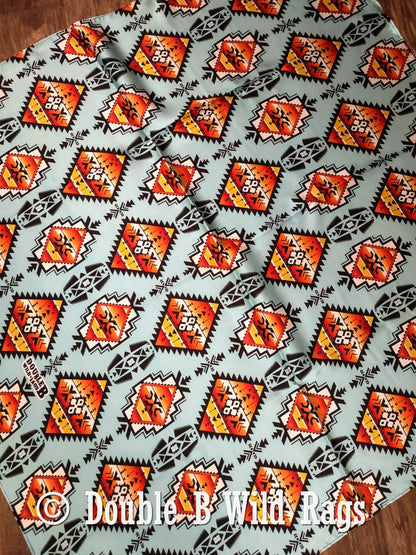 100% Silk Bandana Light Blue with Orange Serape
