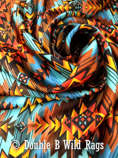 100% Silk Bandana Turquoise and Orange Sunset