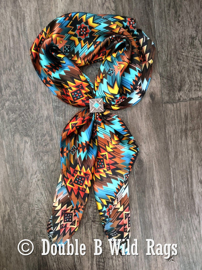 100% Silk Bandana Turquoise and Orange Sunset