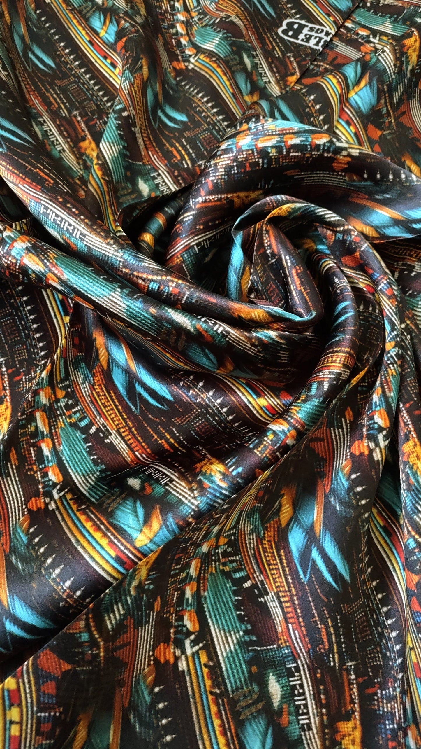 100% Silk Bandana Turquoise Brown & Orange Seed Bead