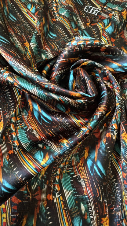 100% Silk Bandana Turquoise Brown & Orange Seed Bead