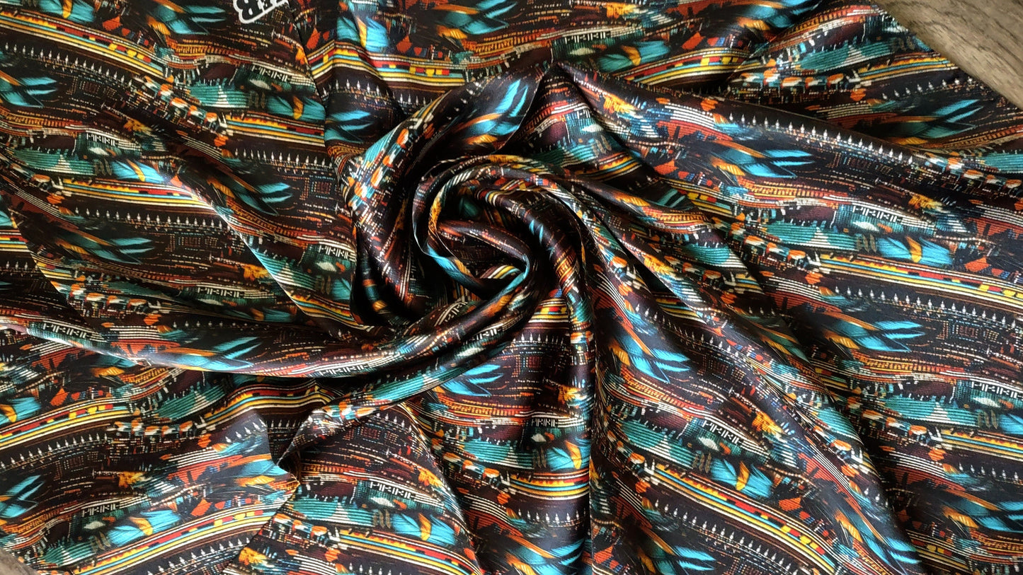 100% Silk Bandana Turquoise Brown & Orange Seed Bead