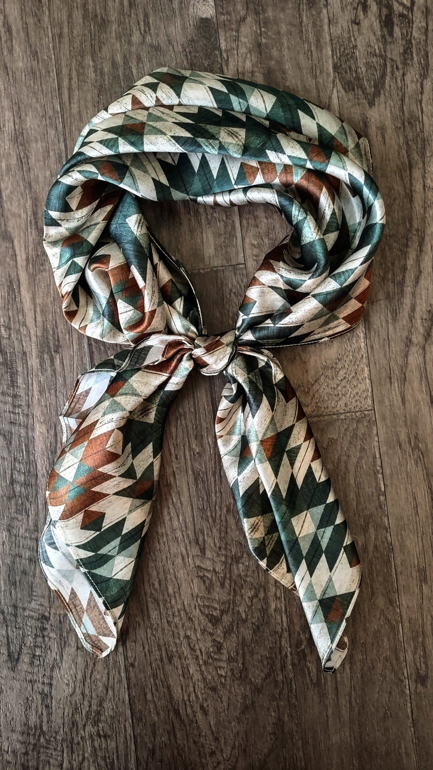 100% Silk Bandana Green and Brown Distressed Aztec