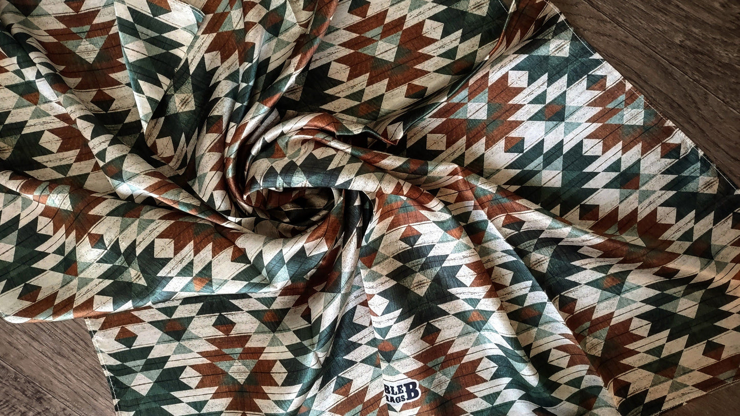 100% Silk Bandana Green and Brown Distressed Aztec