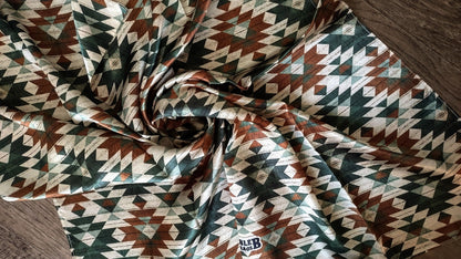 100% Silk Bandana Green and Brown Distressed Aztec