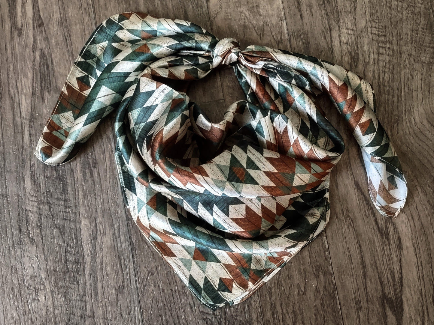 100% Silk Bandana Green and Brown Distressed Aztec