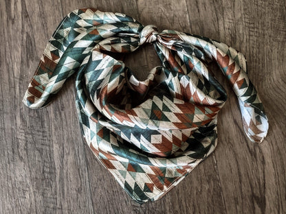 100% Silk Bandana Green and Brown Distressed Aztec