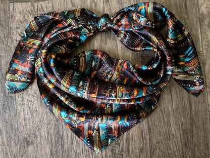 100% Silk Bandana Turquoise Brown & Orange Seed Bead