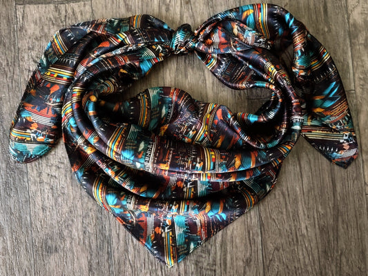 100% Silk Bandana Turquoise Brown & Orange Seed Bead