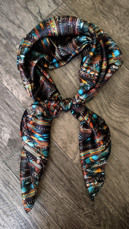 100% Silk Bandana Turquoise Brown & Orange Seed Bead
