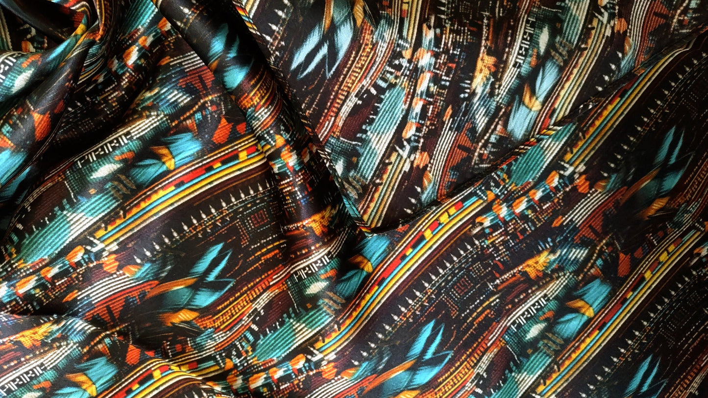 100% Silk Bandana Turquoise Brown & Orange Seed Bead