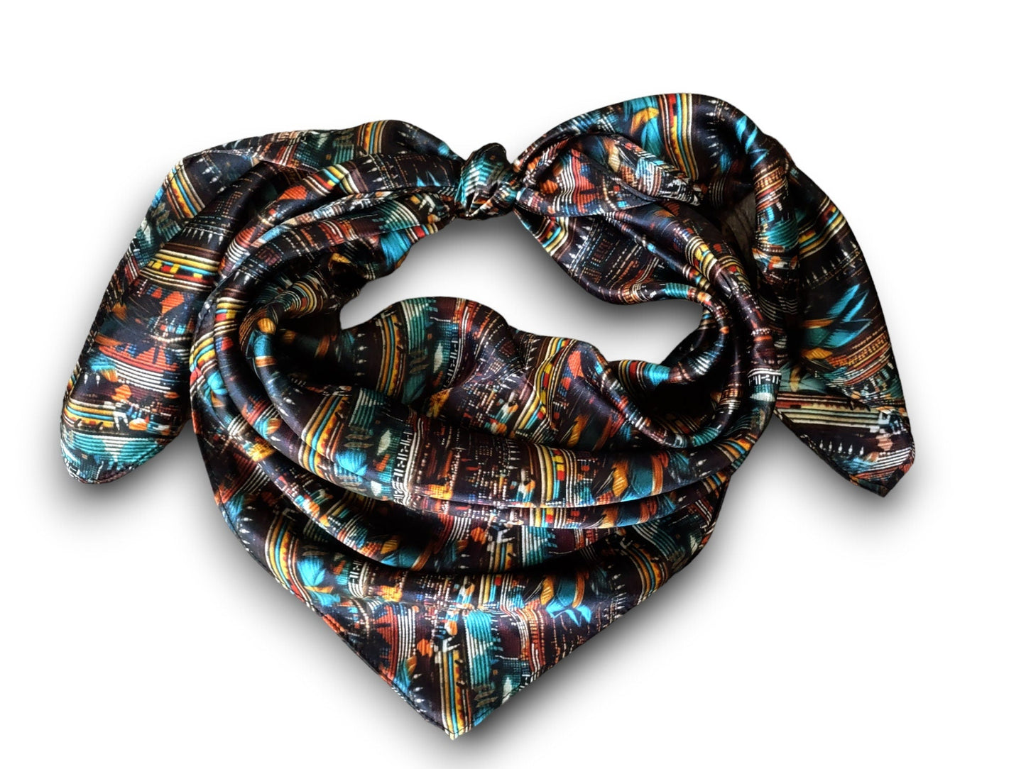 100% Silk Bandana Turquoise Brown & Orange Seed Bead