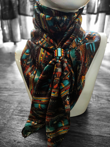 100% Silk Bandana Turquoise Brown & Orange Seed Bead