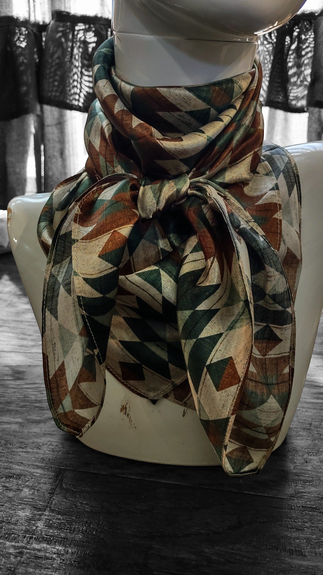 100% Silk Bandana Green and Brown Distressed Aztec