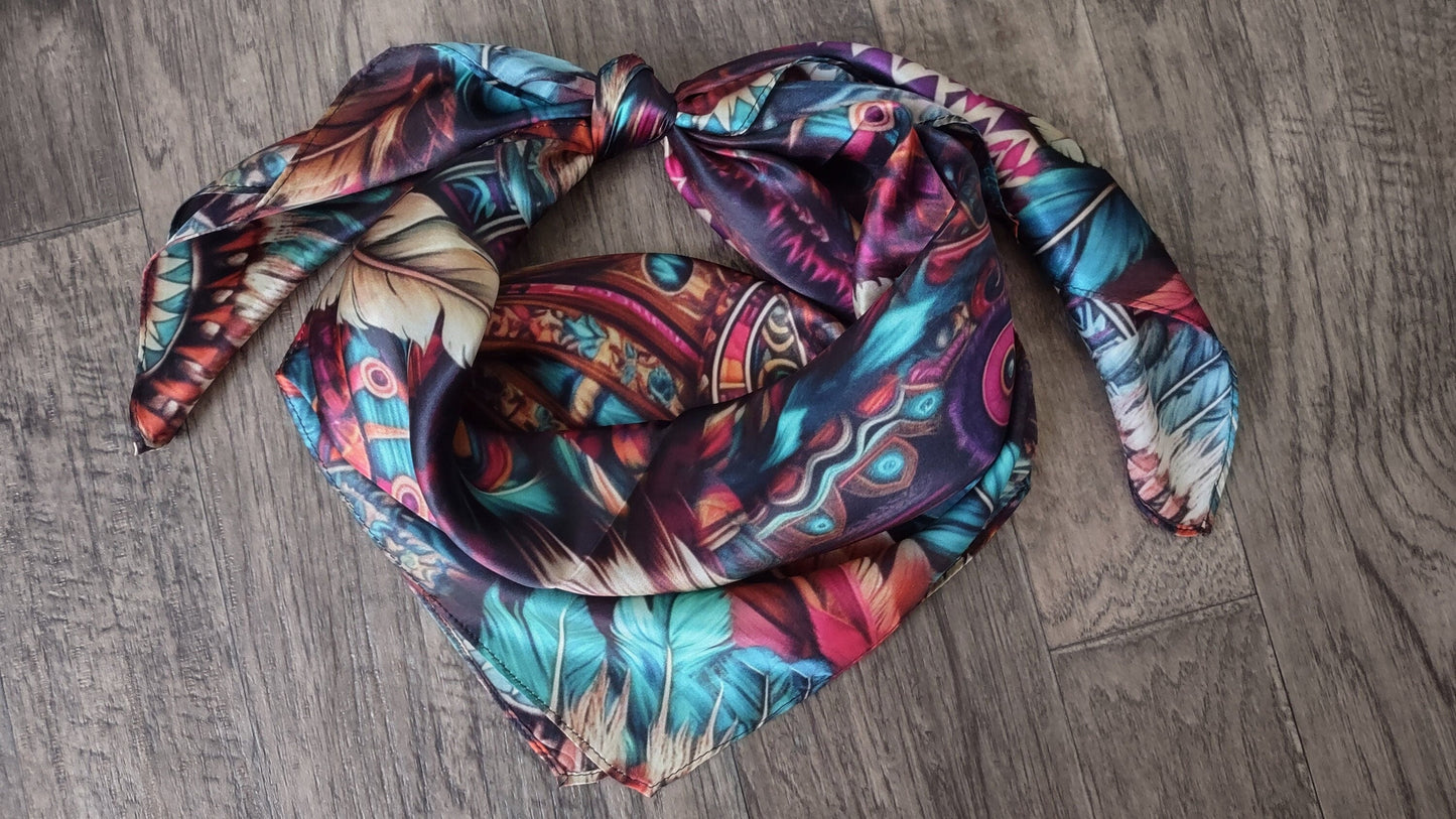 100% Silk Bandana Pink and Purple Feather