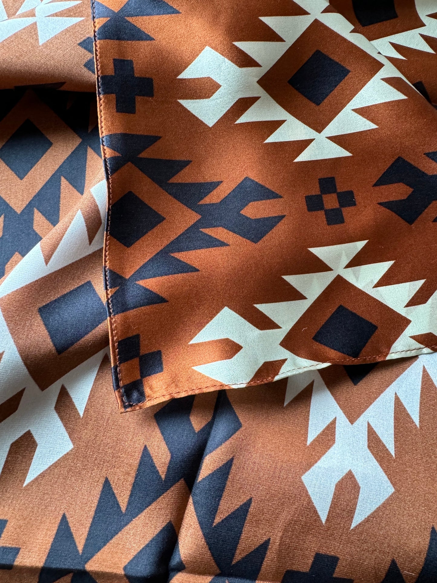100% Silk Bandana Cognac Rust Brown Black Ivory