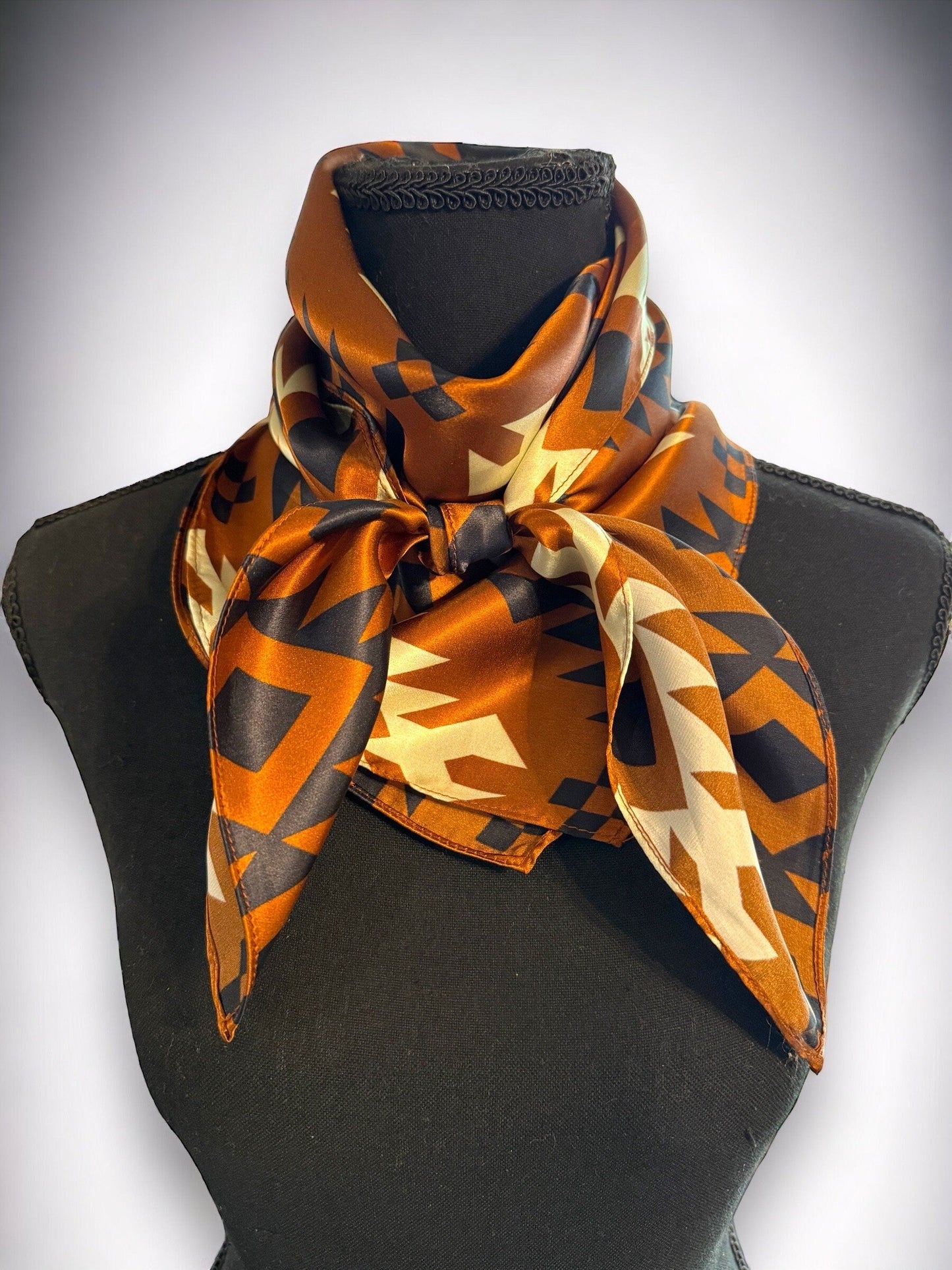 100% Silk Bandana Cognac Rust Brown Black Ivory