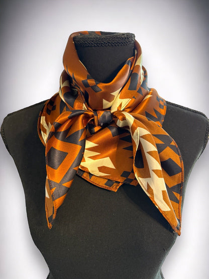 100% Silk Bandana Cognac Rust Brown Black Ivory