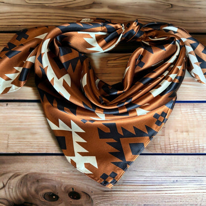 100% Silk Bandana Cognac Rust Brown Black Ivory