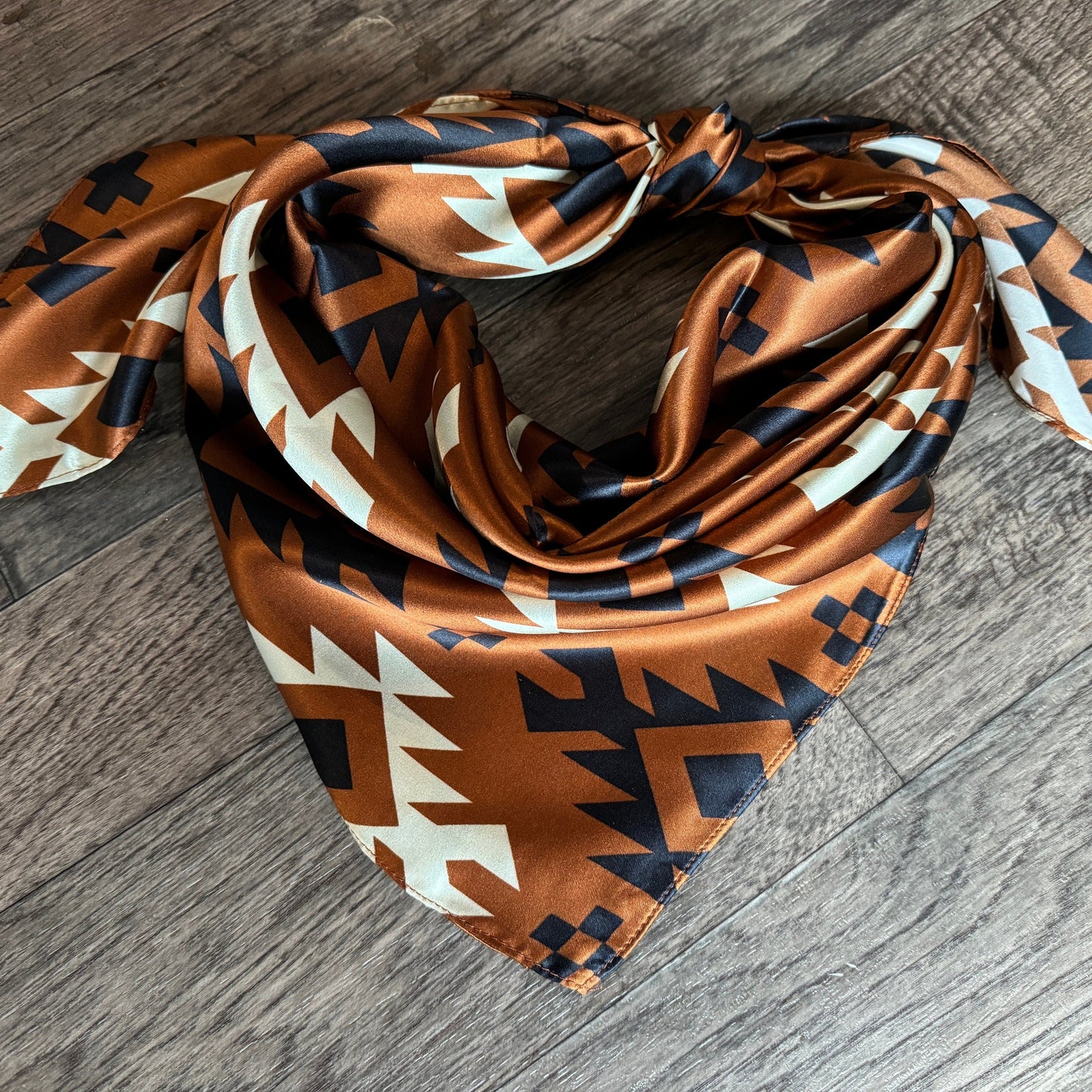 100% Silk Bandana Cognac Rust Brown Black Ivory