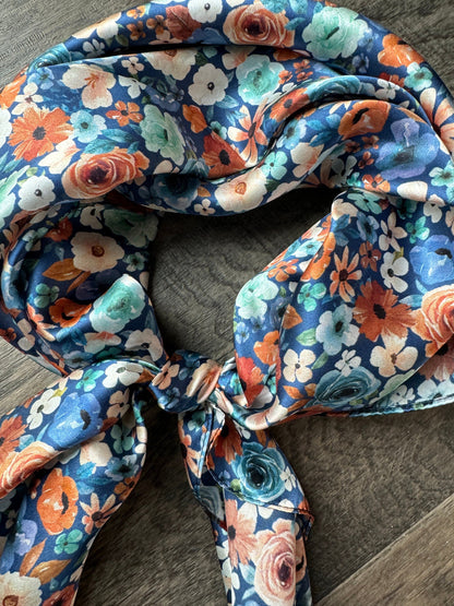 100% Silk Bandana Dainty Navy Orange and mint green floral
