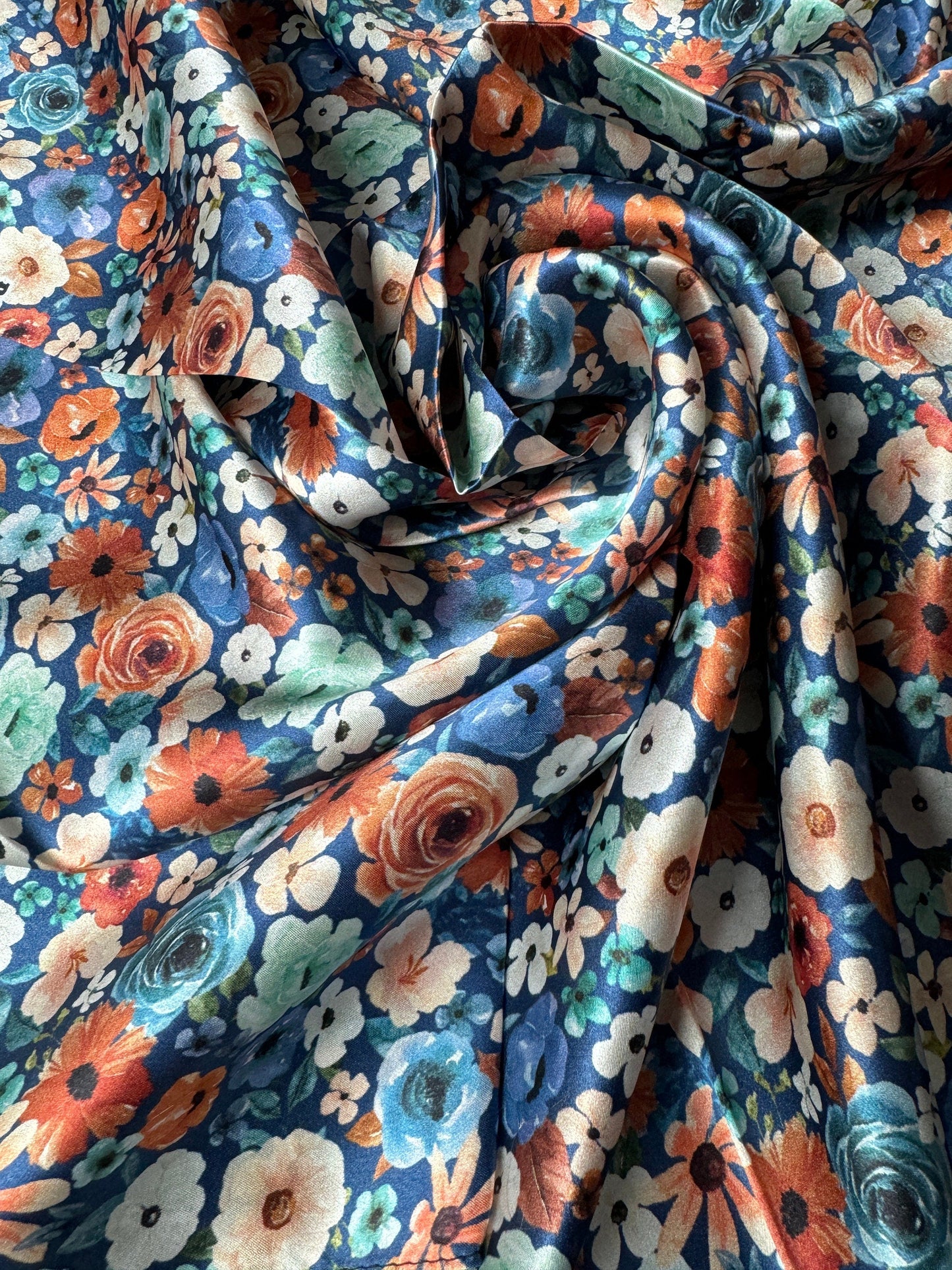 100% Silk Bandana Dainty Navy Orange and mint green floral