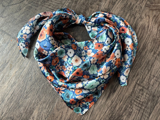 100% Silk Bandana Dainty Navy Orange and mint green floral