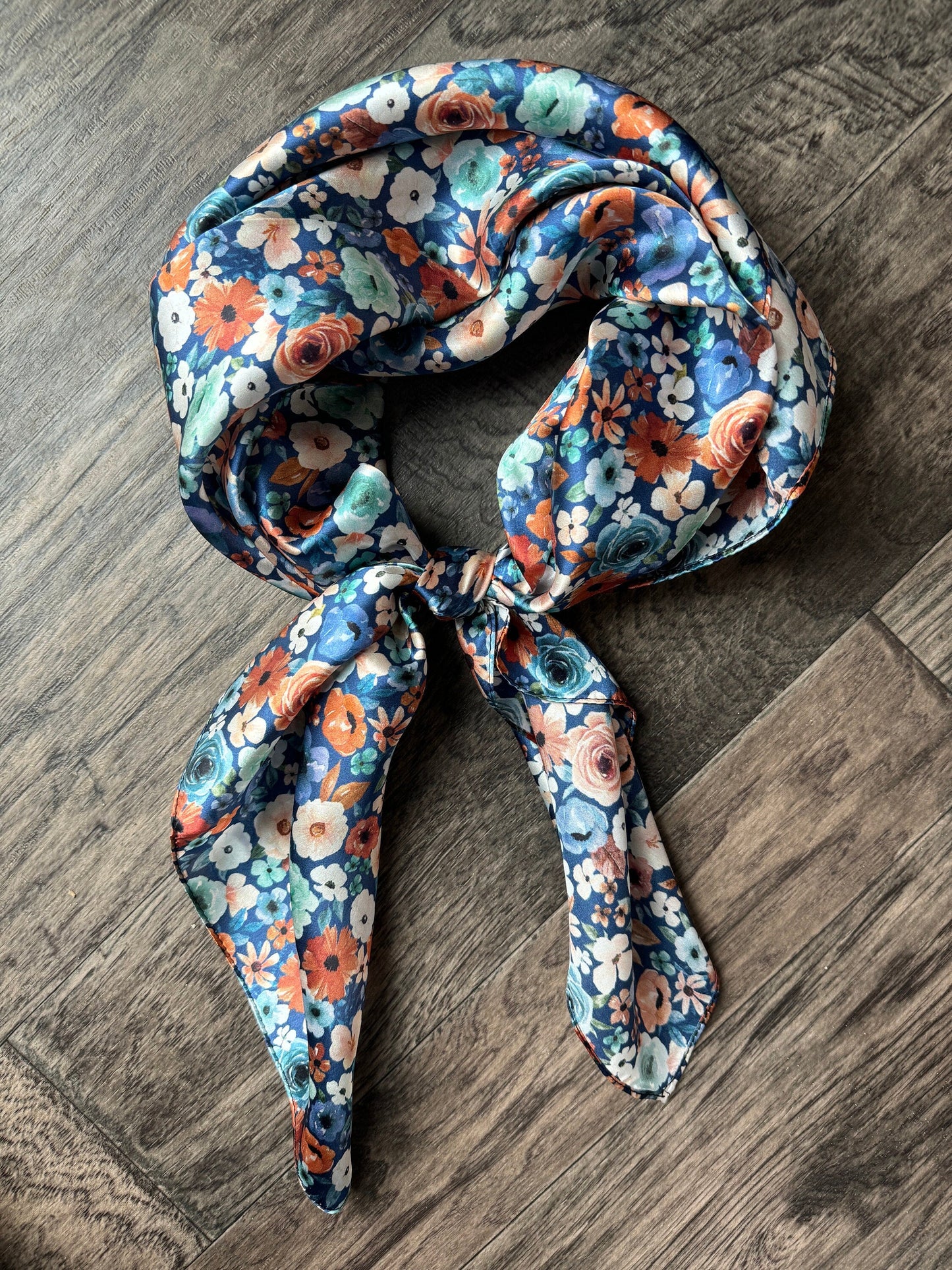 100% Silk Bandana Dainty Navy Orange and mint green floral