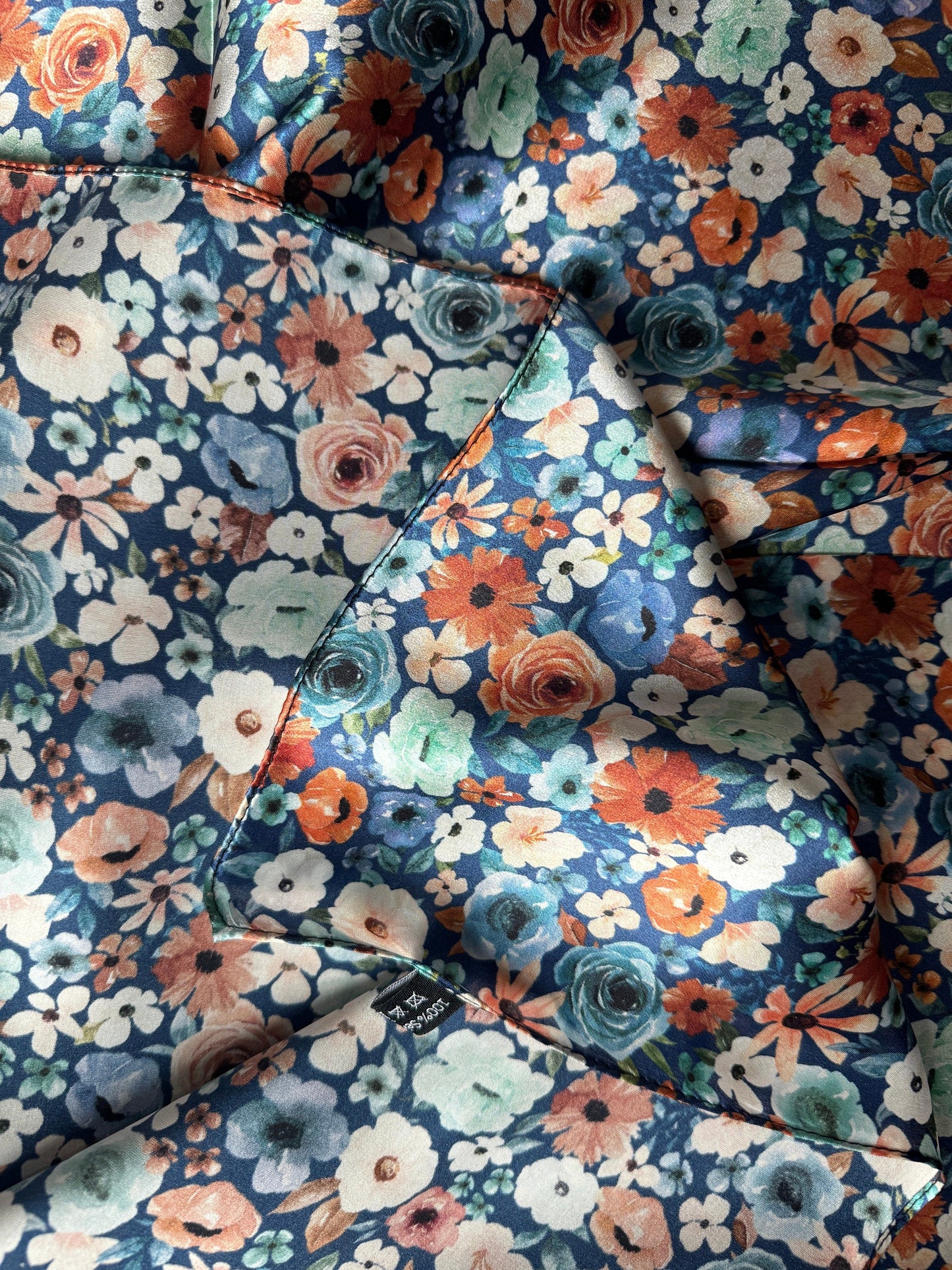 100% Silk Bandana Dainty Navy Orange and mint green floral