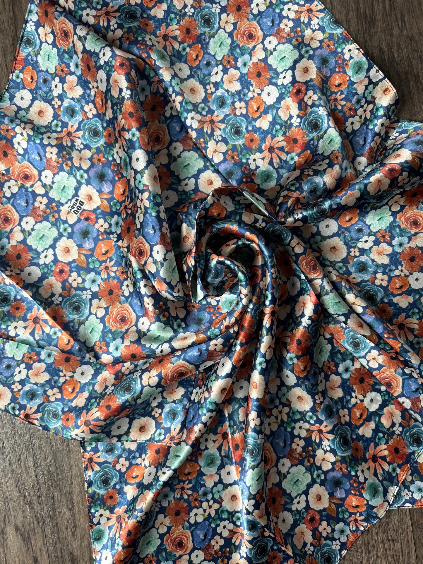 100% Silk Bandana Dainty Navy Orange and mint green floral