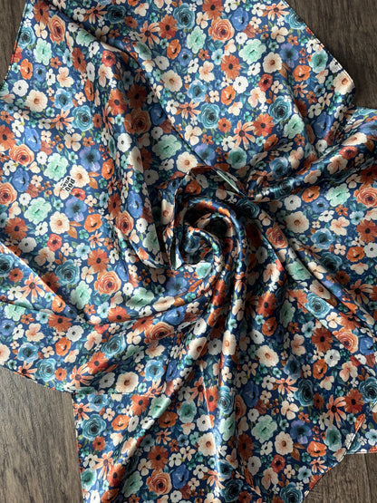 100% Silk Bandana Dainty Navy Orange and mint green floral