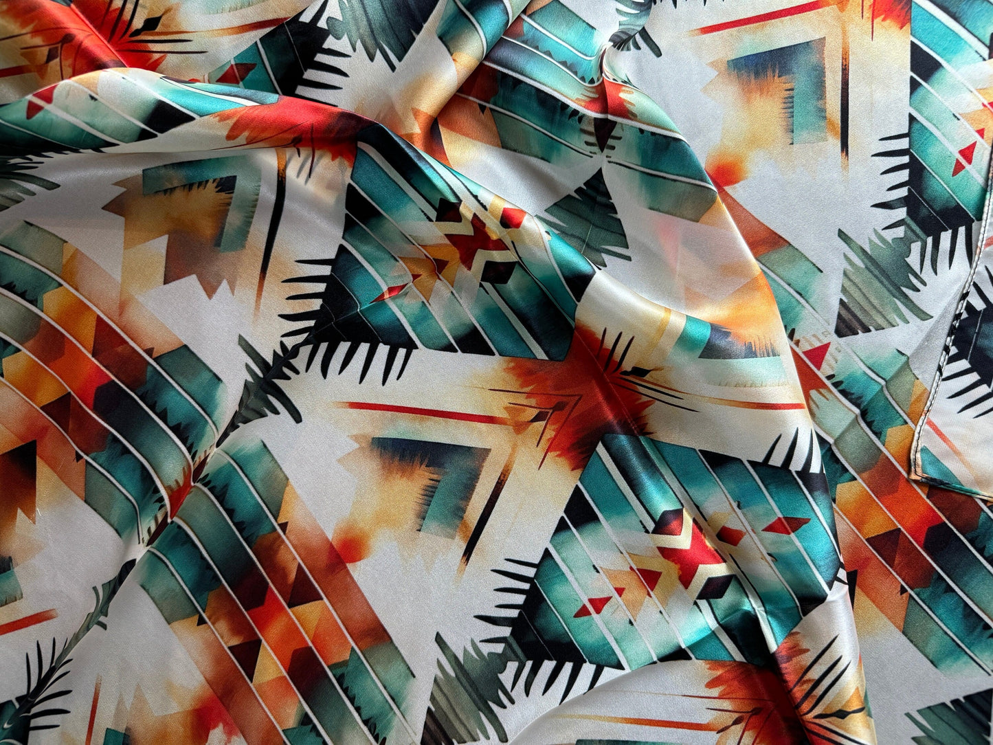 100% Silk Bandana Aztec Native Orange Teal and White