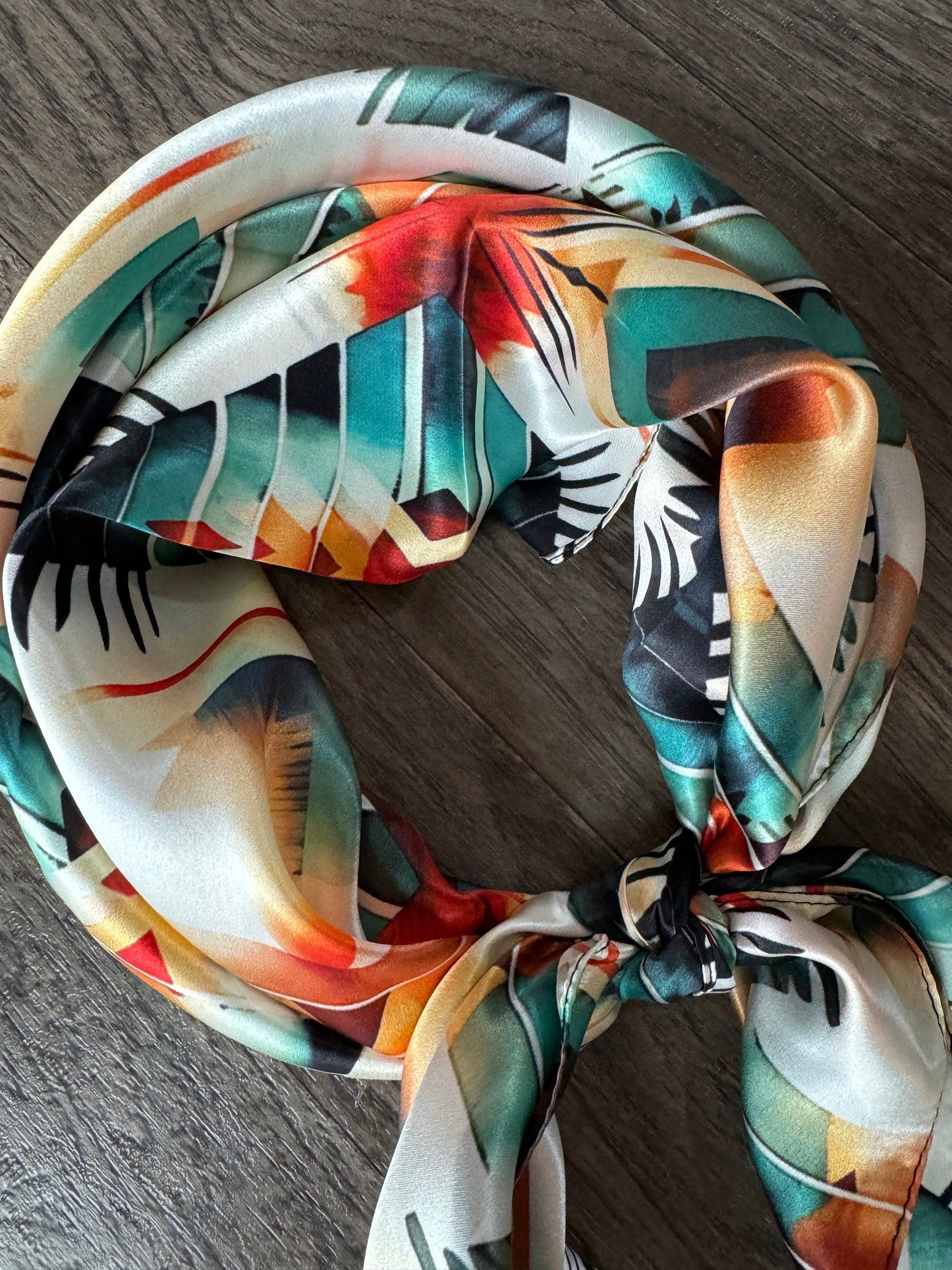 100% Silk Bandana Aztec Native Orange Teal and White