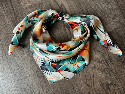 100% Silk Bandana Aztec Native Orange Teal and White