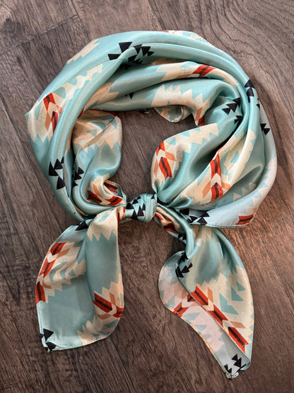 100% Silk Bandana Aztec Native Light blue and ivory