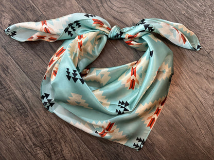 100% Silk Bandana Aztec Native Light blue and ivory