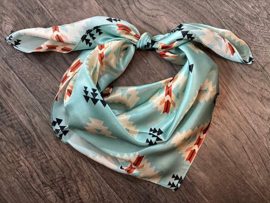 100% Silk Bandana Aztec Native Light blue and ivory