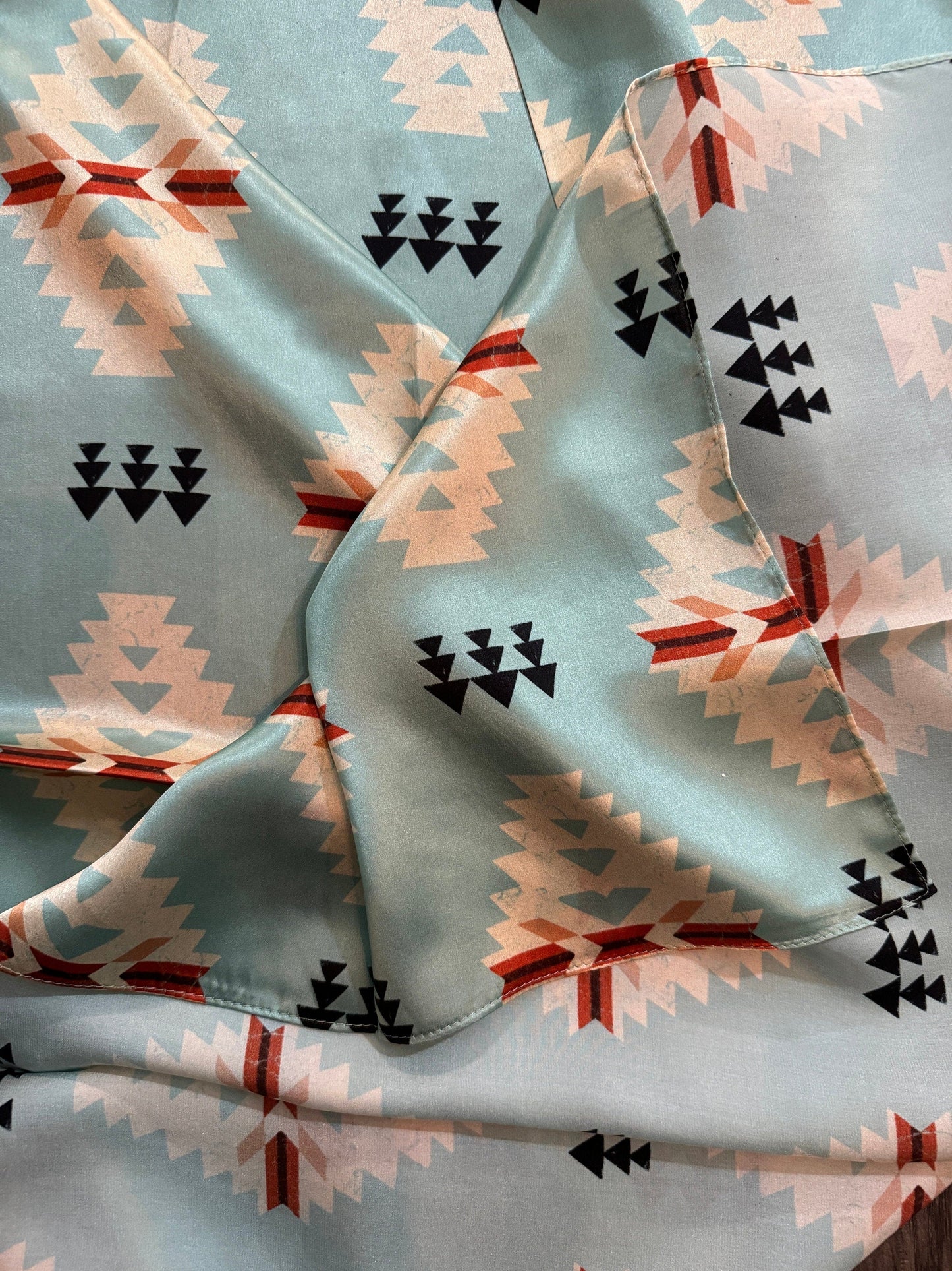 100% Silk Bandana Aztec Native Light blue and ivory