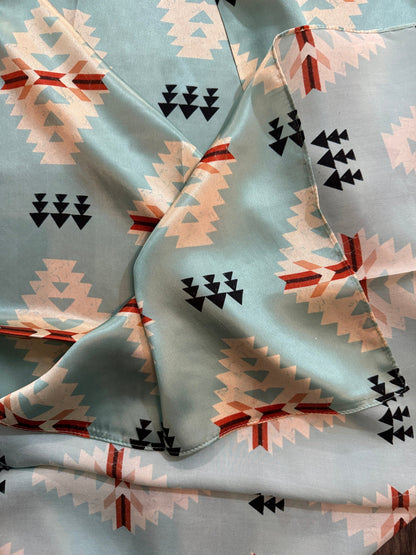 100% Silk Bandana Aztec Native Light blue and ivory